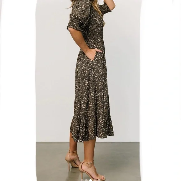 BALTIC BORN Dress Women’s XL Black & Tan Pele Tiered Midi Floral Smock New w/tag - Picture 3 of 14